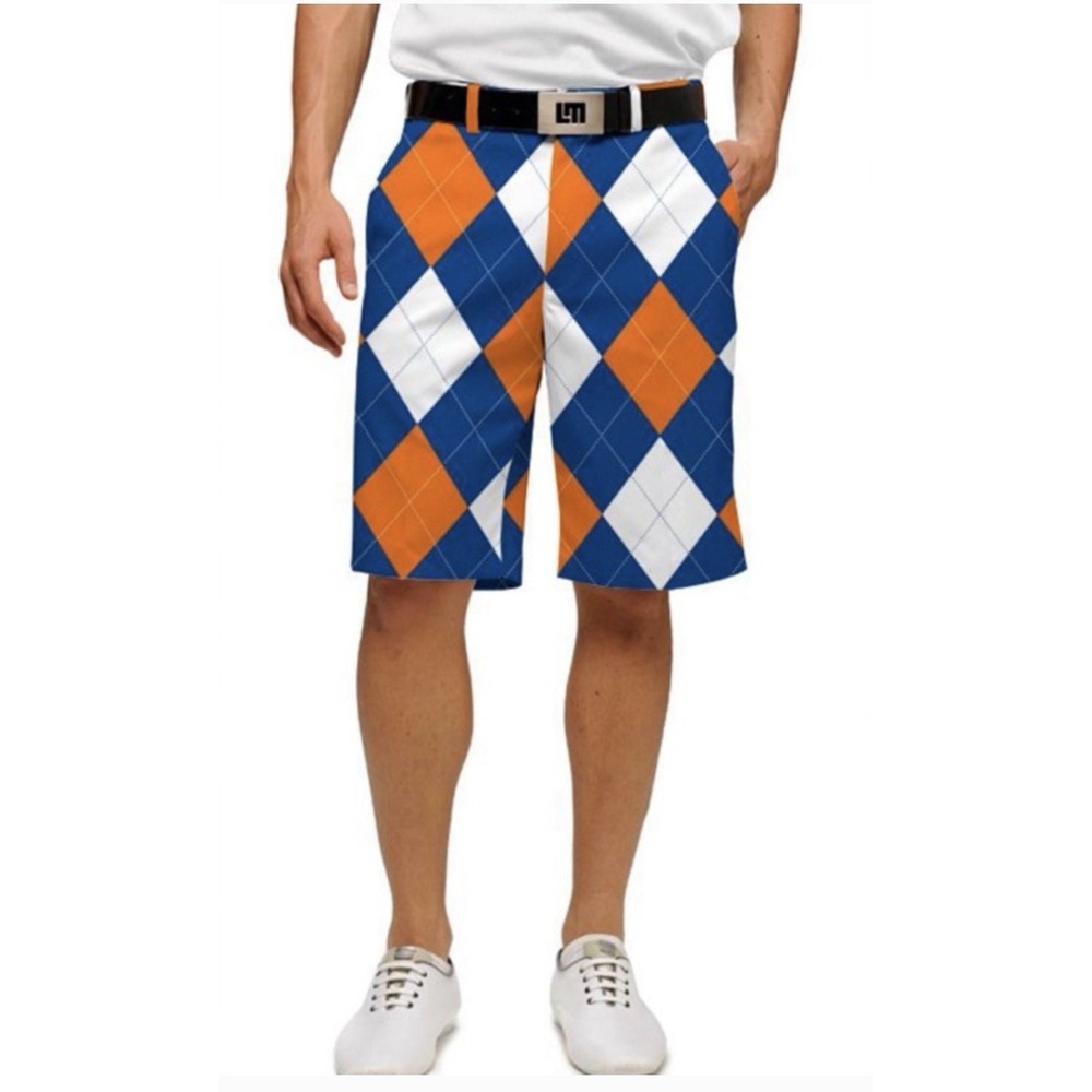 LOUDMOUTH Golf Shorts Men Red Orange White Blue Argyle Diamond Chino Size 40